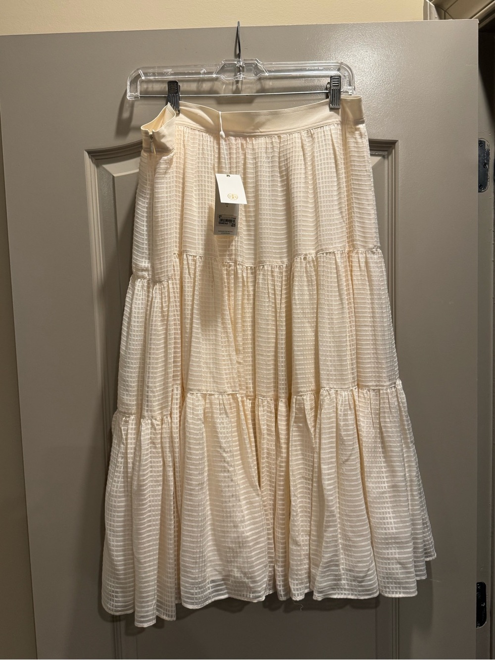 NWT Tory Burch Ivory Textured Tiered Midi Skirt Size 12